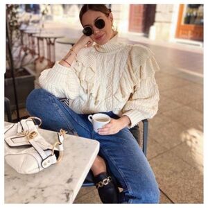 ZARA NWT WOMAN RUFFLED CABLE KNIT SWEATER ECRU size S